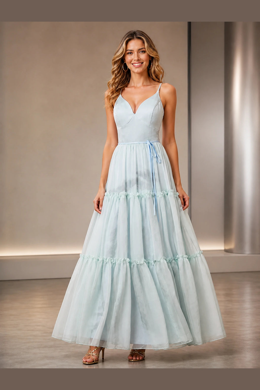 Dreamy A Line V Neck Spaghetti Straps Lace Up Long Prom Dress
