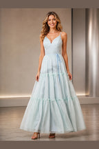 Dreamy A Line V Neck Spaghetti Straps Lace Up Long Prom Dress