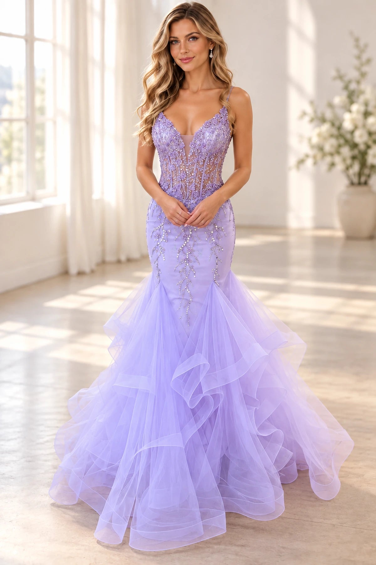 Romantic Tulle Mermaid V-Neck Sleeveless Back Floor-Length Prom Dress