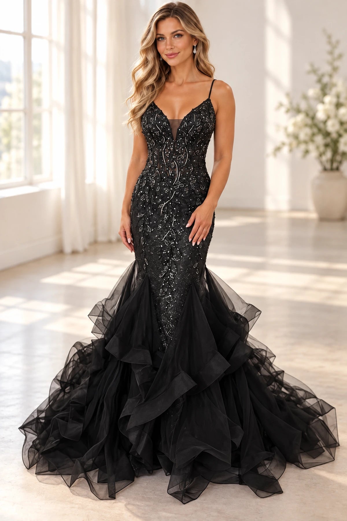 Romantic Tulle Mermaid V-Neck Sleeveless Back Floor-Length Prom Dress