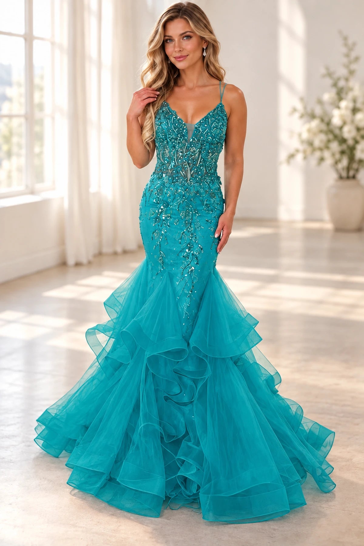 Romantic Tulle Mermaid V-Neck Sleeveless Back Floor-Length Prom Dress