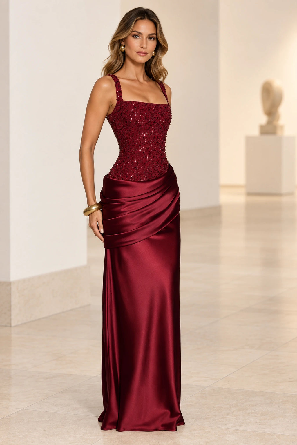 Elegant Sheath Square Neck Sleeveless Lace Up Back Maxi Evening Dress