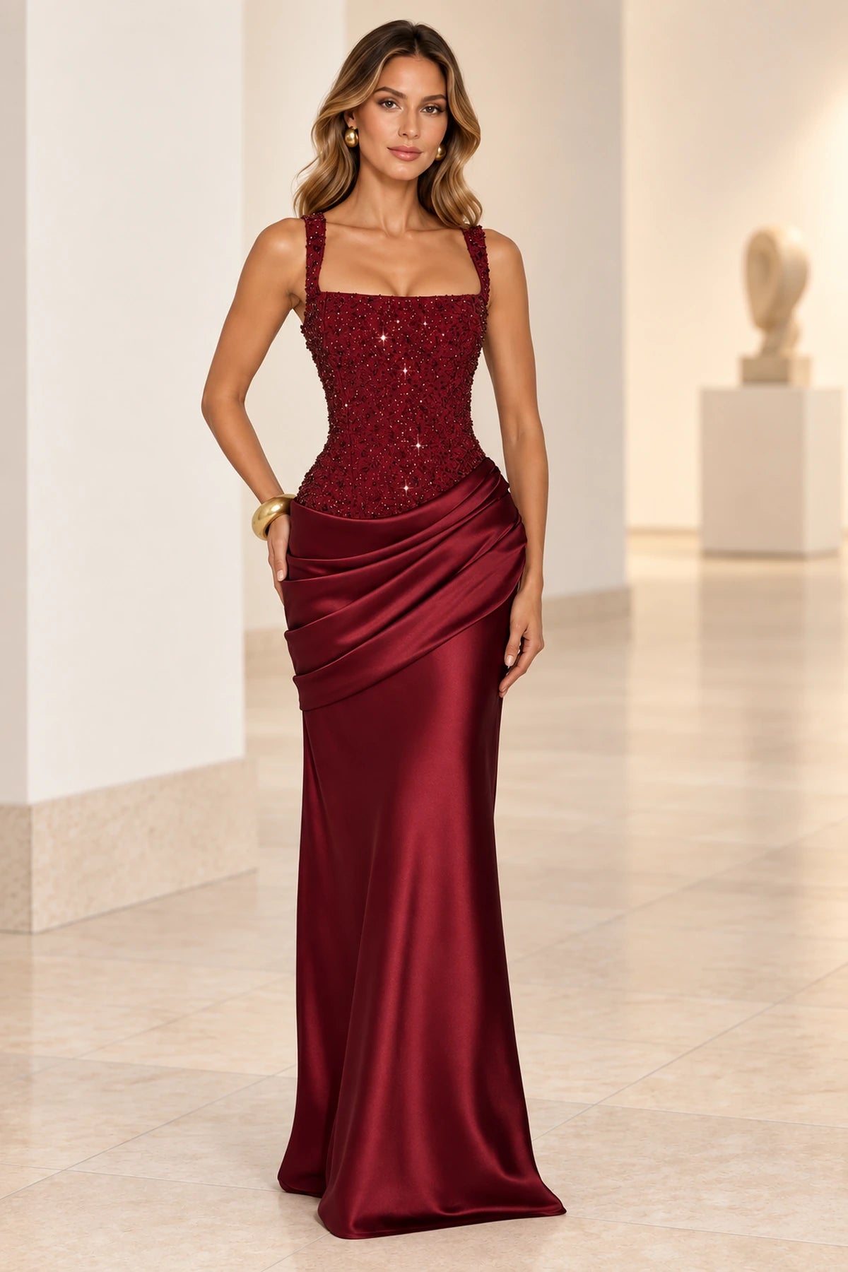 Elegant Sheath Square Neck Sleeveless Lace Up Back Maxi Evening Dress