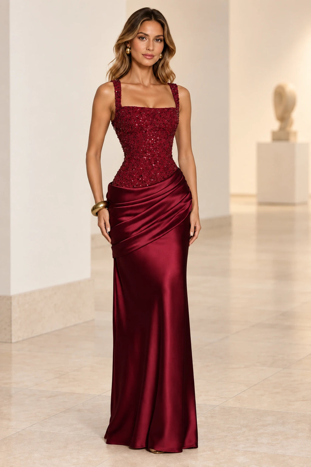Elegant Sheath Square Neck Sleeveless Lace Up Back Maxi Evening Dress