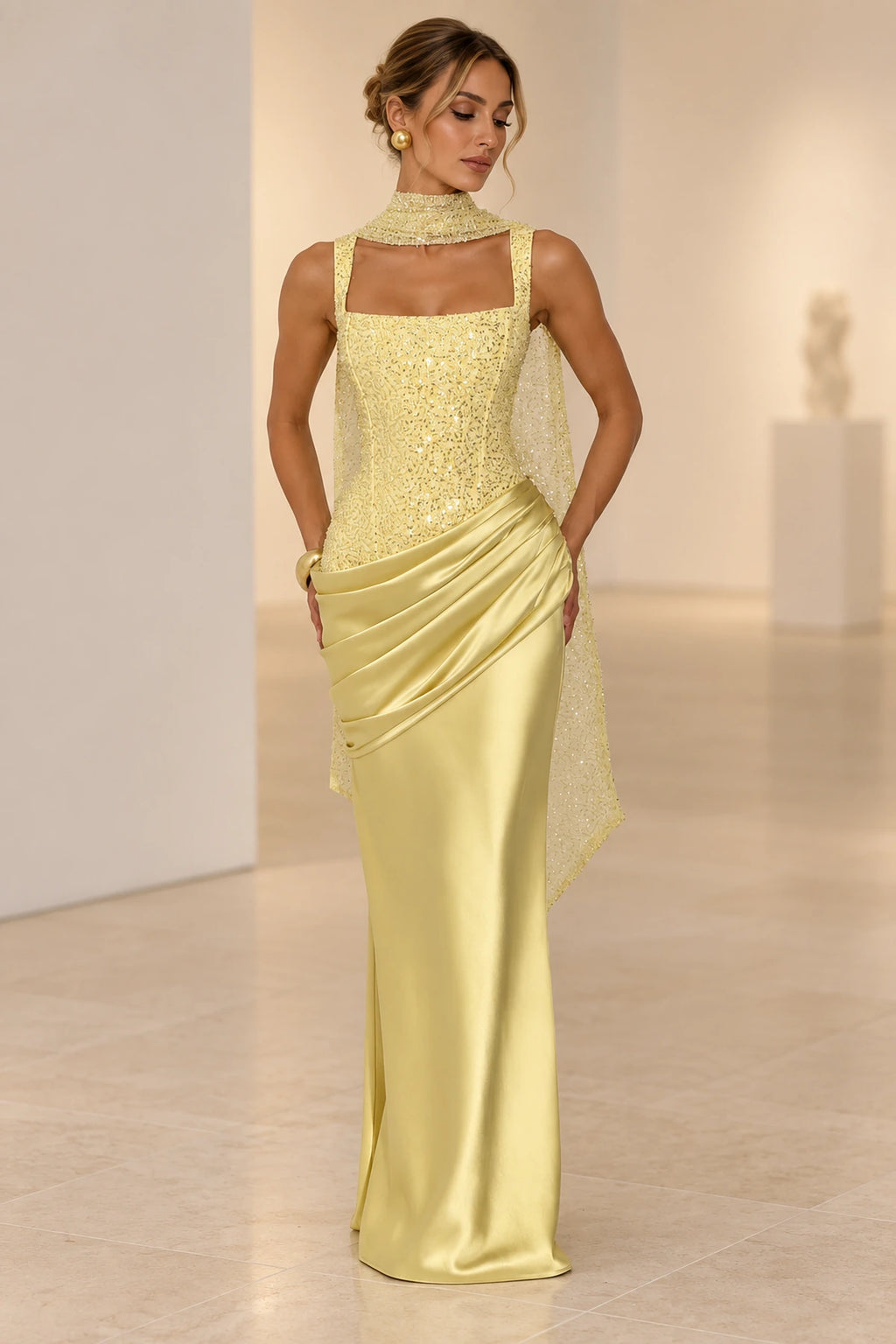 Light yellow square neck lace satin maxi evening dress with draped skirt