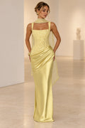 Light yellow square neck lace satin maxi evening dress with draped skirt