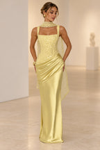 Light yellow square neck lace satin maxi evening dress with draped skirt