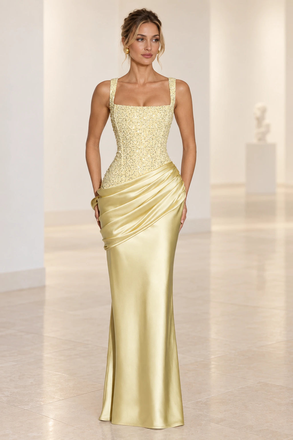 Elegant Sheath Square Neck Sleeveless Lace Up Back Maxi Evening Dress