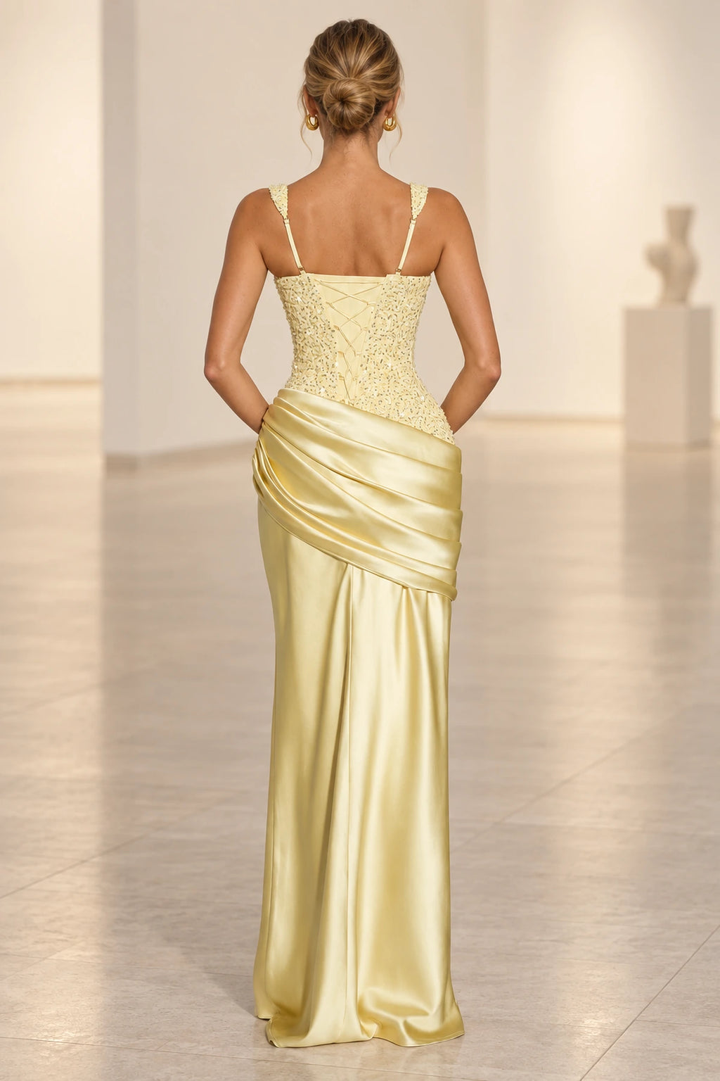 Light yellow lace up back satin evening dress with corset bodice detail