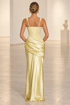 Light yellow lace up back satin evening dress with corset bodice detail