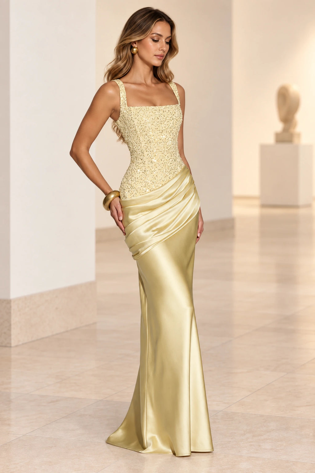 Elegant Sheath Square Neck Sleeveless Lace Up Back Maxi Evening Dress