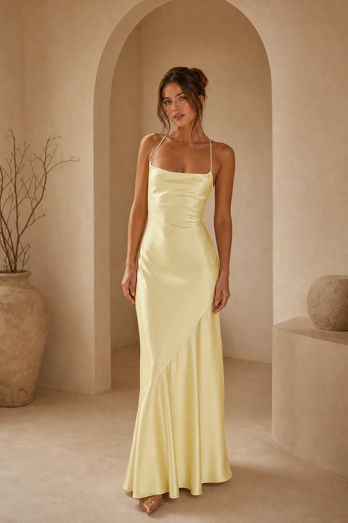 GraceProm light yellow satin bridesmaid dress with square neckline spaghetti straps and floor length sheath silhouette