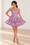Lilac strapless corset mini homecoming dress with bows and ruffle skirt by Graceprom