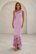 Lilac one-shoulder wedding guest dress with 3D floral appliqués, fitted silhouette, front slit and floor-length hem