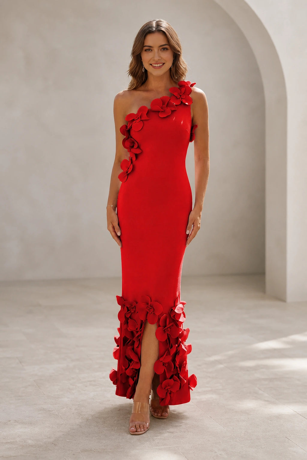 Romantic Sheath One-Shoulder Sleeveless Zipper-Back Floor-Length Wedding Guest Dress