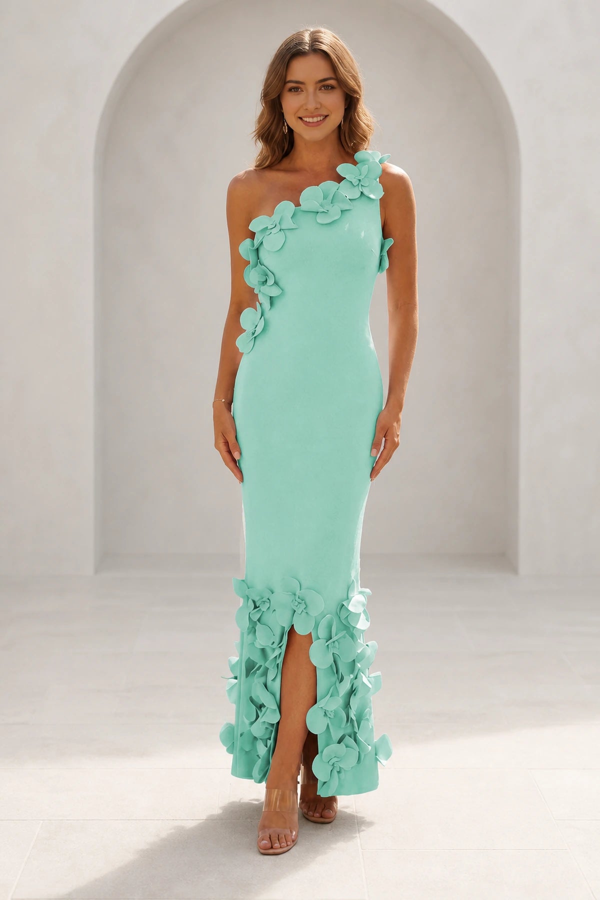 Romantic Sheath One-Shoulder Sleeveless Zipper-Back Floor-Length Wedding Guest Dress