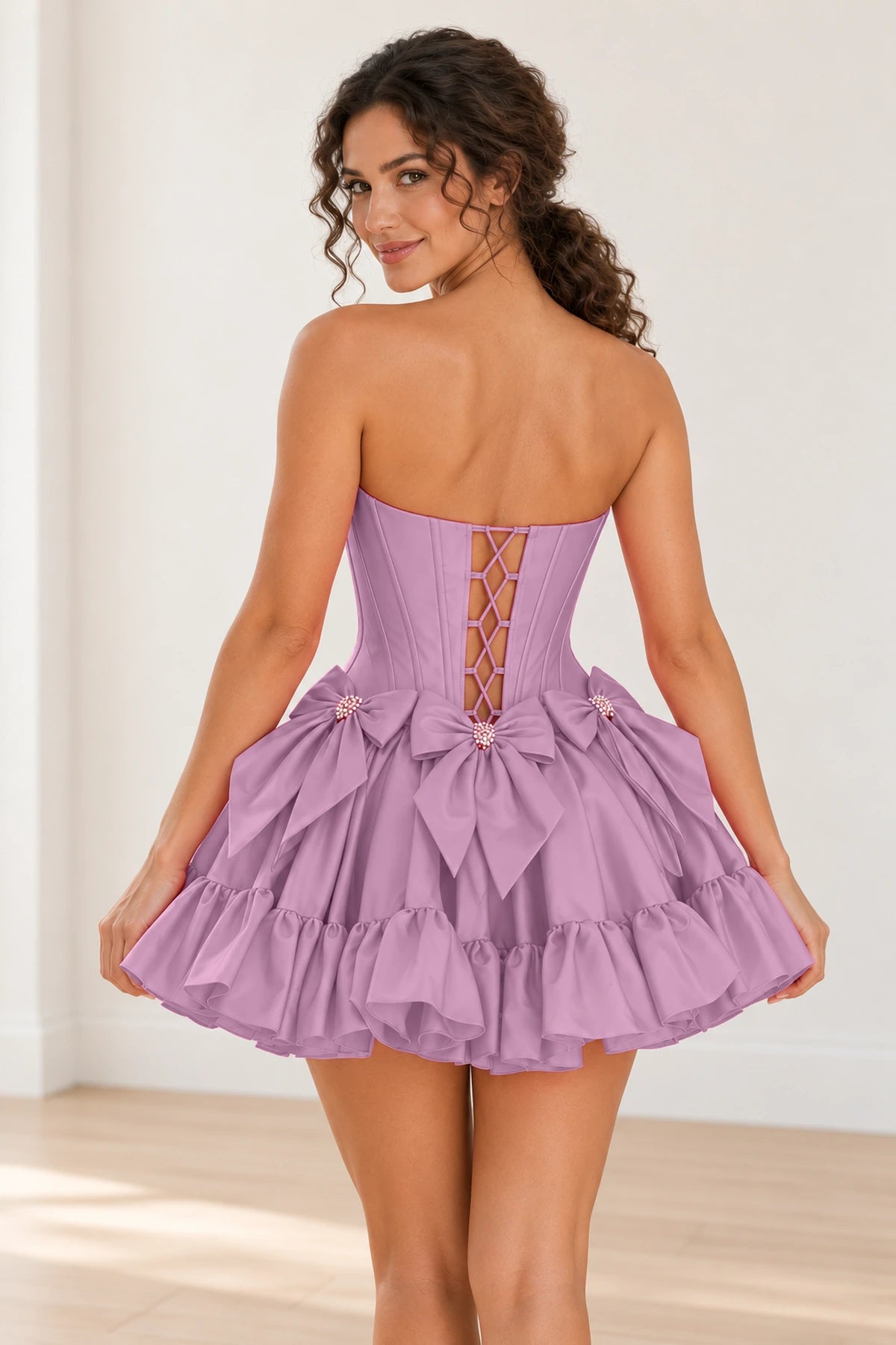 Lilac mini homecoming dress with lace-up corset back and bow details by Graceprom