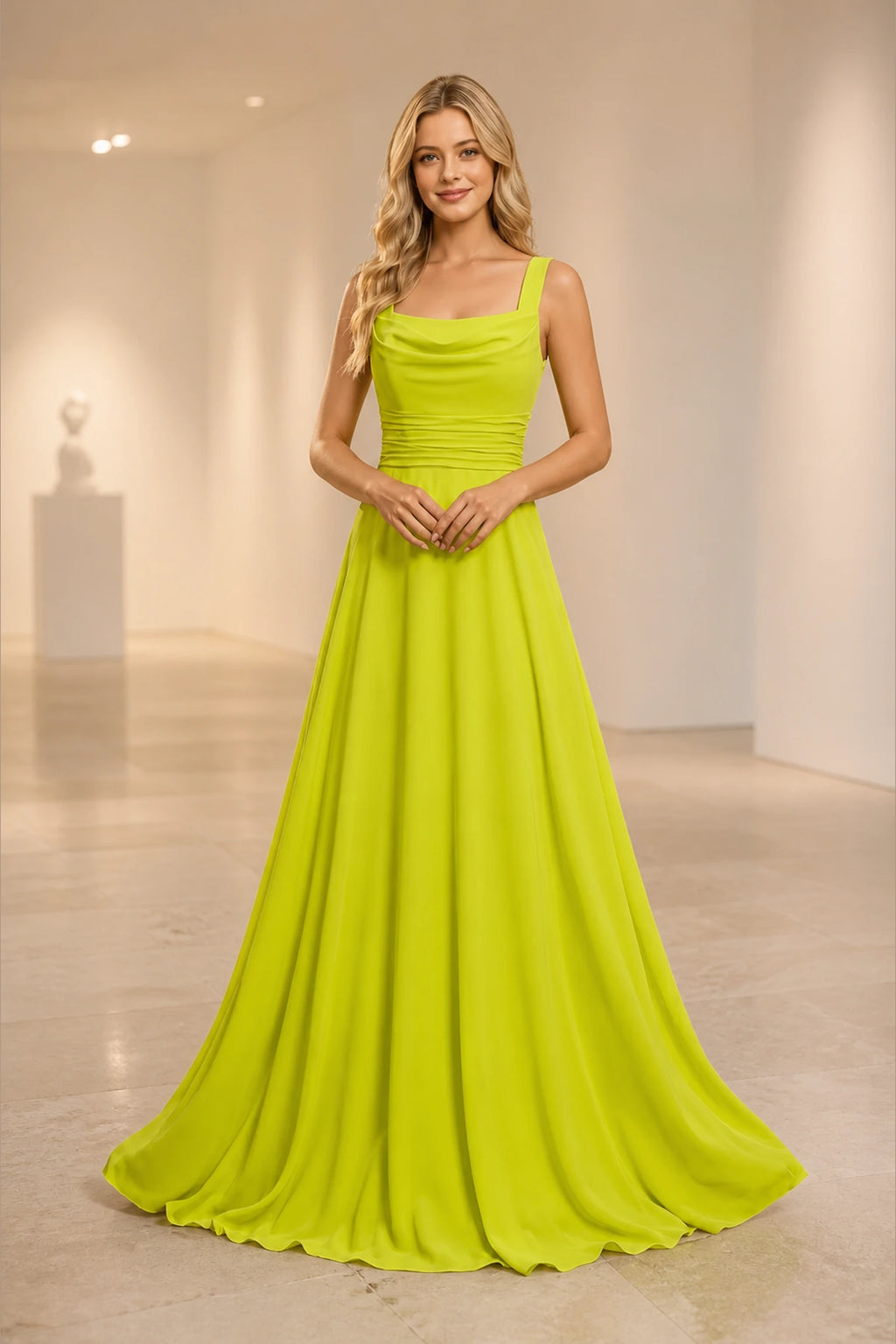 Lime green cowl neck A-line bridesmaid dress with ruched waist and flowing floor-length skirt
