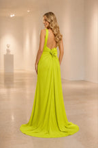 Lime green cowl neck A-line bridesmaid dress with ruched waist and flowing floor-length skirt