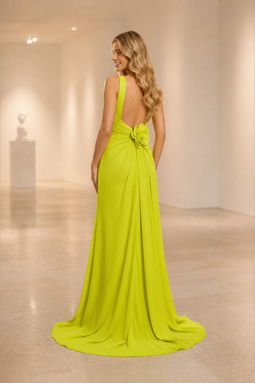 Lime green cowl neck A-line bridesmaid dress with ruched waist and flowing floor-length skirt