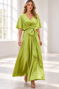 Lime green V-neck A-line Mother of the Bride Dress with half sleeves, gathered bodice and statement waist bow