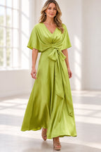 Lime green V-neck A-line Mother of the Bride Dress with half sleeves, gathered bodice and statement waist bow