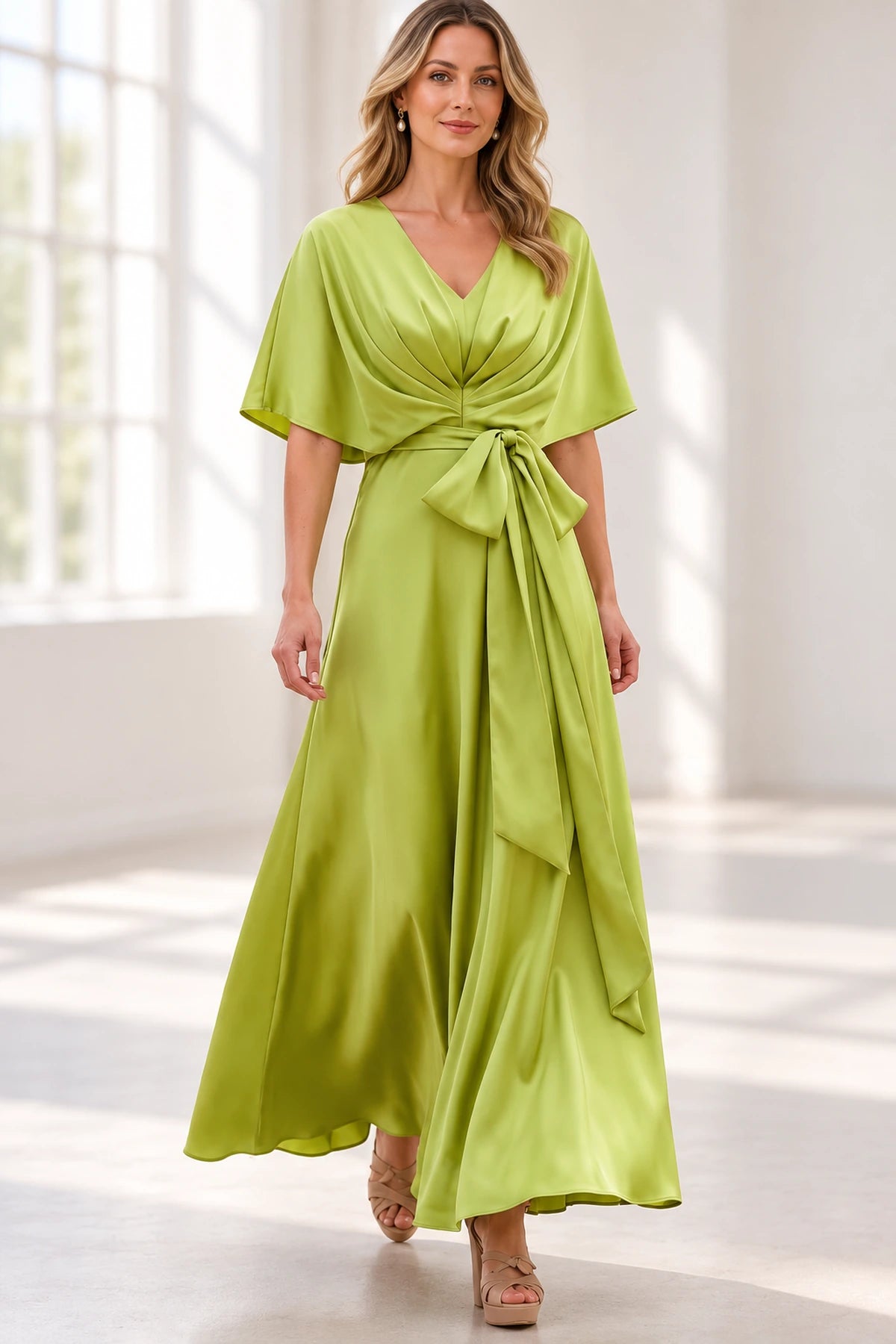 Lime green V-neck A-line Mother of the Bride Dress with half sleeves, gathered bodice and statement waist bow