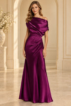 Magenta mother of the bride dress with one shoulder neckline ruched waist and floor length sheath silhouette