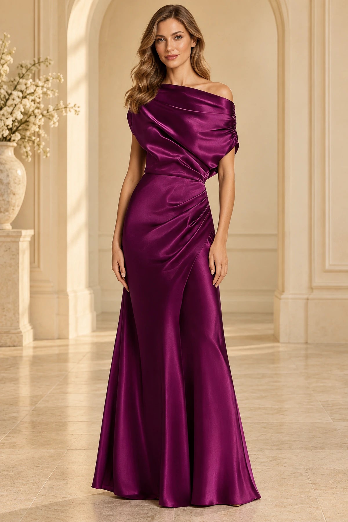 Magenta mother of the bride dress with one shoulder neckline ruched waist and floor length sheath silhouette