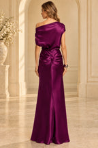 Magenta mother of the bride dress with asymmetrical shoulder draping ruched back and long skirt