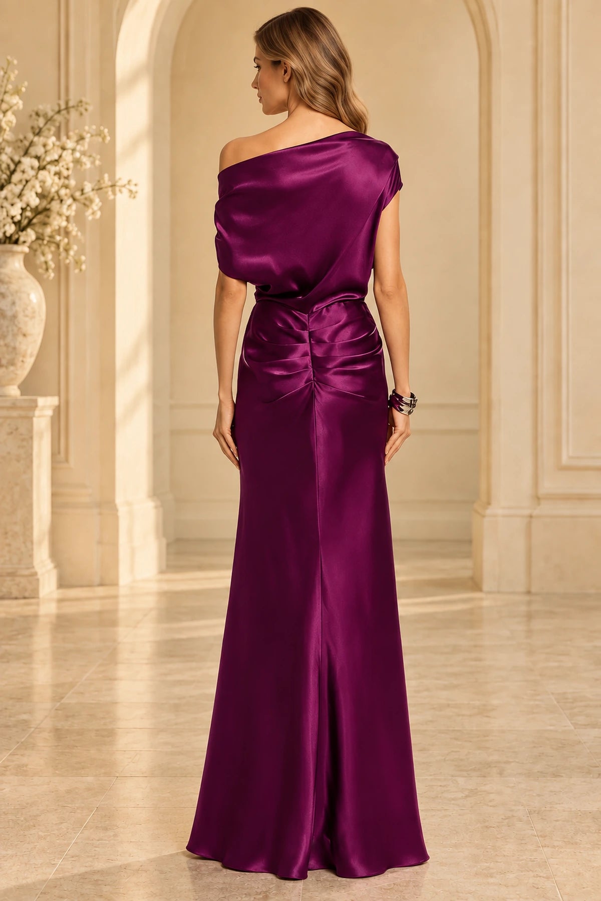 Magenta mother of the bride dress with asymmetrical shoulder draping ruched back and long skirt