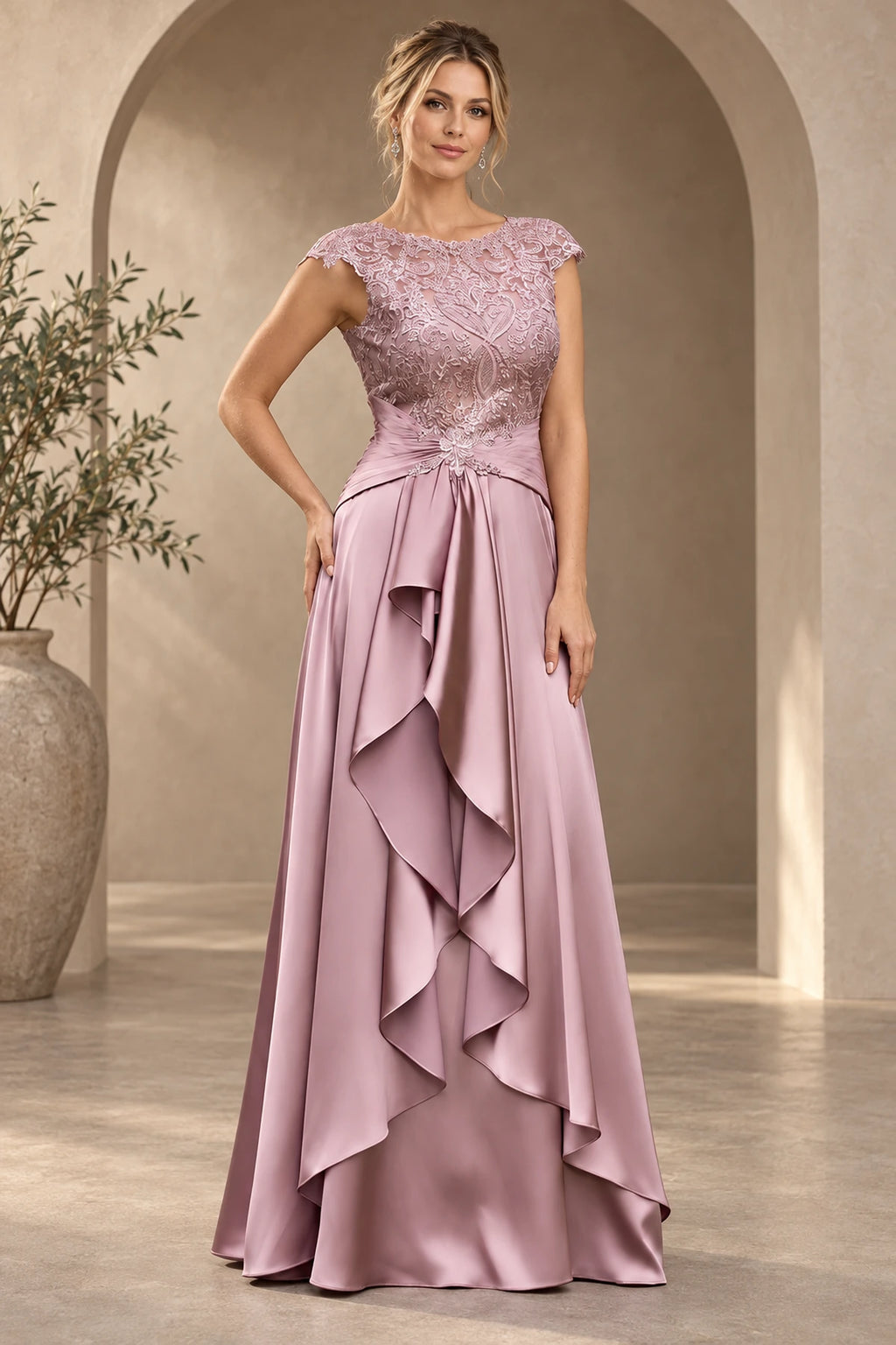 Mauve pink lace cap sleeve A-line Mother of the Bride Dress with draped waist front view