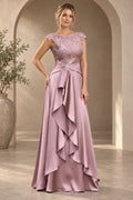 Mauve pink lace cap sleeve A-line Mother of the Bride Dress with draped waist front view