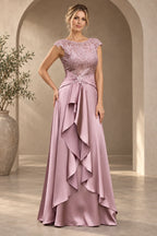 Mauve pink lace cap sleeve A-line Mother of the Bride Dress with draped waist front view