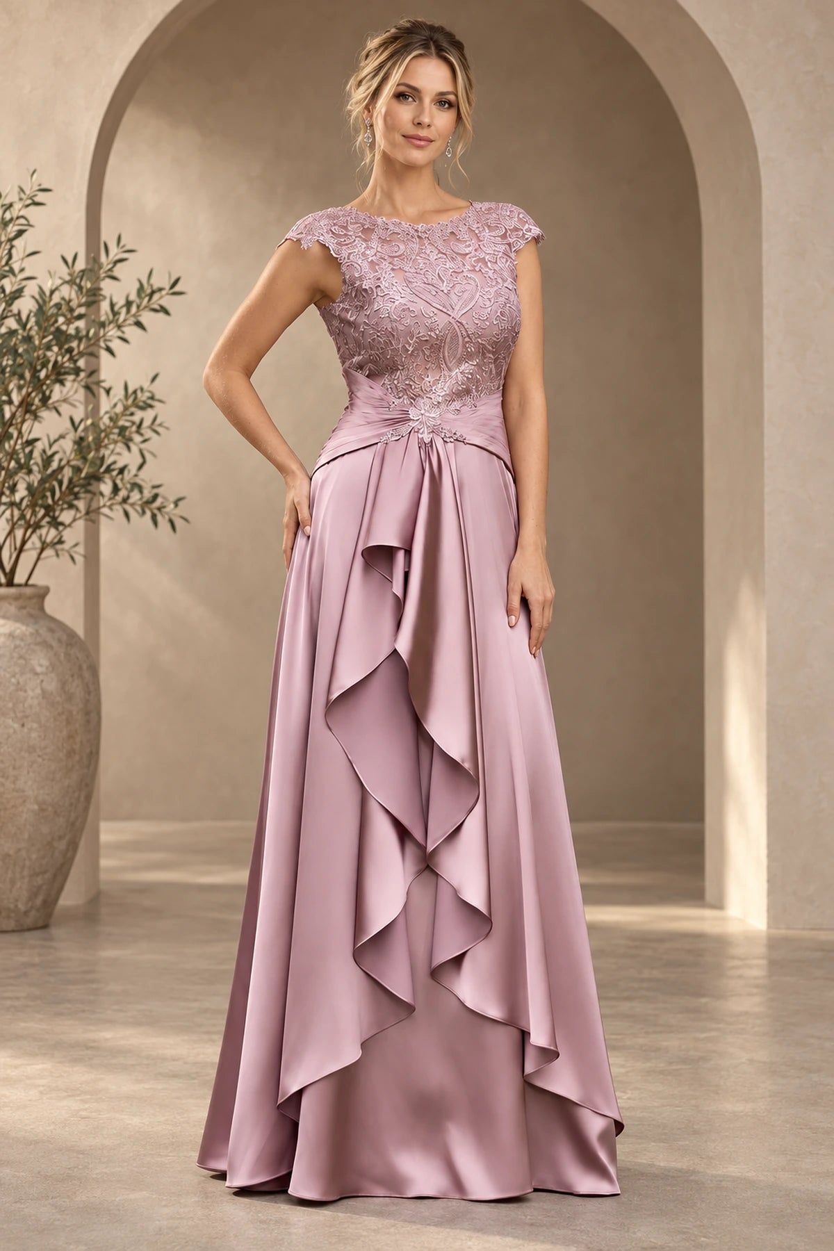 Mauve pink lace cap sleeve A-line Mother of the Bride Dress with draped waist front view
