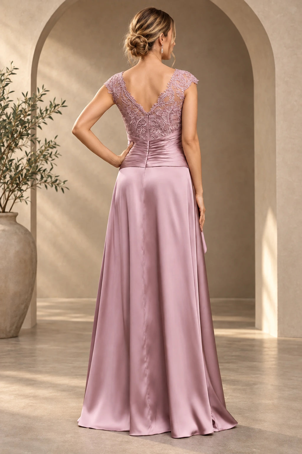 Mauve pink Mother of the Bride Dress with V-back lace bodice and ruched waist