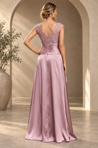 Mauve pink Mother of the Bride Dress with V-back lace bodice and ruched waist