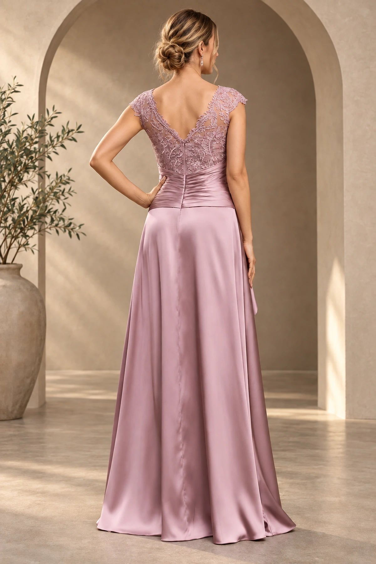 Mauve pink Mother of the Bride Dress with V-back lace bodice and ruched waist