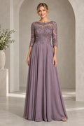 Mauve mother of the bride dress with illusion neckline lace bodice three quarter sleeves and long A-line skirt