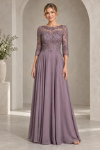 Mauve mother of the bride dress with illusion neckline lace bodice three quarter sleeves and long A-line skirt