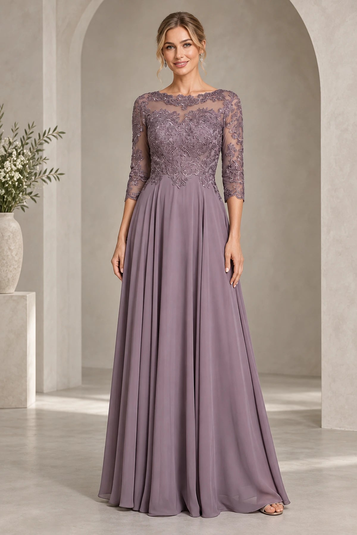 Mauve mother of the bride dress with illusion neckline lace bodice three quarter sleeves and long A-line skirt