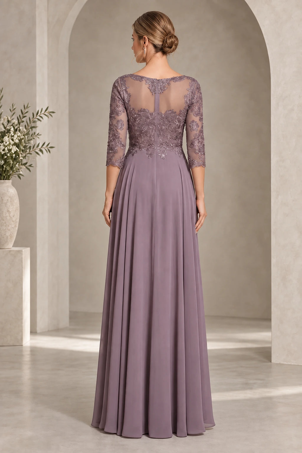 Mauve mother of the bride dress with illusion lace back three quarter sleeves and zipper closure