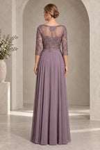 Mauve mother of the bride dress with illusion lace back three quarter sleeves and zipper closure
