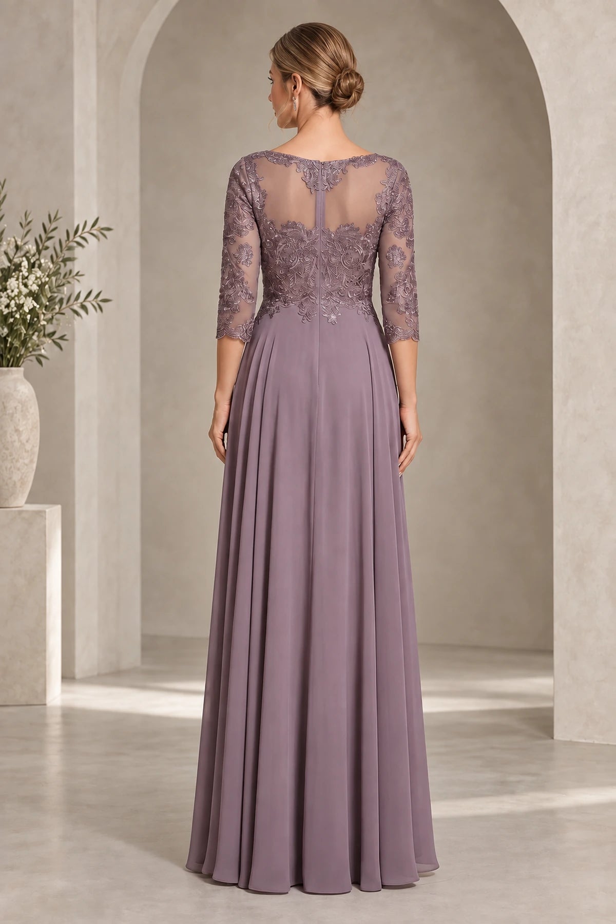 Mauve mother of the bride dress with illusion lace back three quarter sleeves and zipper closure