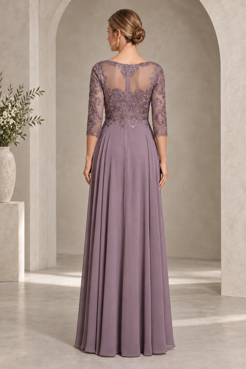 Mauve mother of the bride dress with illusion lace back three quarter sleeves and zipper closure