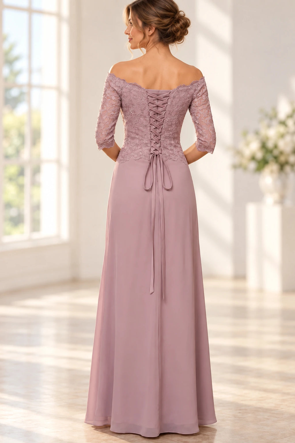 Back view of mauve Mother of the Bride Dress with off-the-shoulder neckline, lace-up corset back and floor-length skirt
