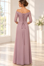Back view of mauve Mother of the Bride Dress with off-the-shoulder neckline, lace-up corset back and floor-length skirt