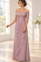 Mauve off-the-shoulder Mother of the Bride Dress with lace bodice, 3/4 sleeves and draped floor-length skirt