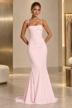 Elegant Mermaid Straight Neck Spaghetti Strap Lace Up Back Floor Length Wedding Guest Dress