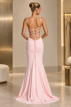Elegant Mermaid Straight Neck Spaghetti Strap Lace Up Back Floor Length Wedding Guest Dress